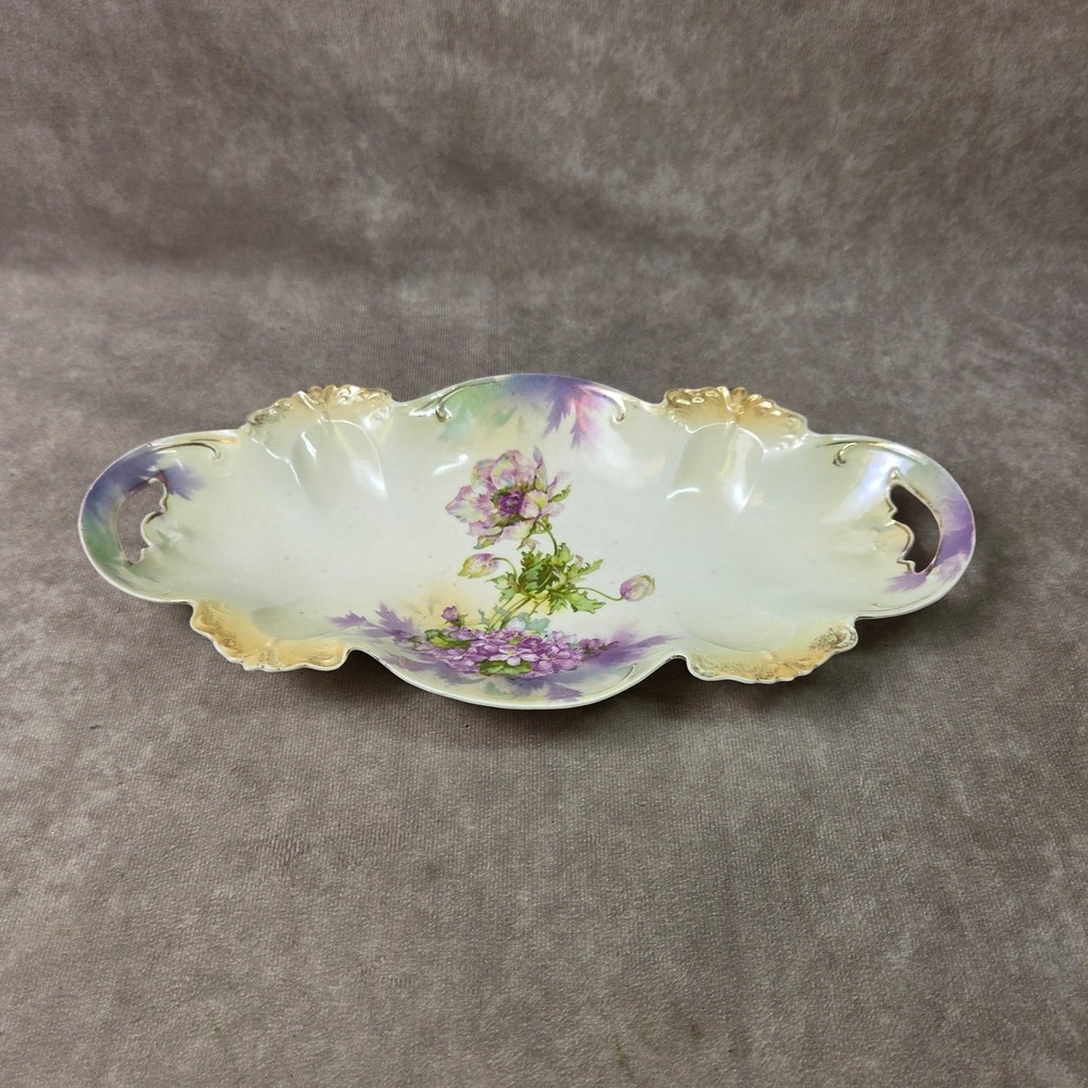 Antique RS Prussia Porcelain Celery Dish Relish Tray Floral Gold Gilt Scalloped
